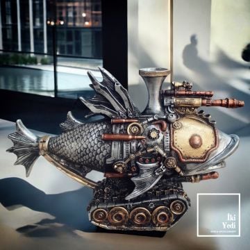 Steampunk Paletli Balık Heykeli Dekoru Mekanik Çarklı Tasarım Dekoratif Obje Makina Figür Konsept