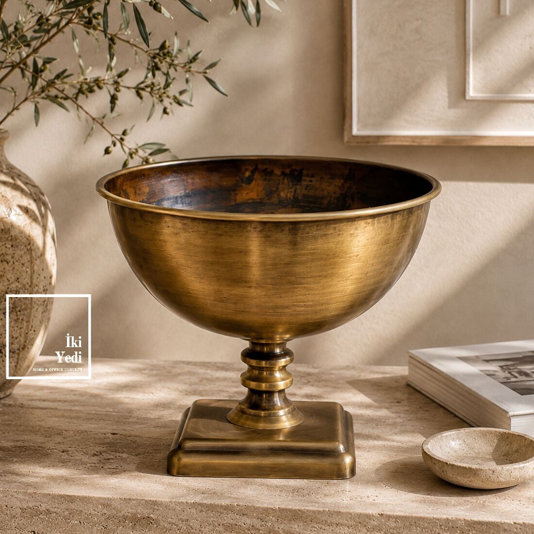 Auramed Bronz Eskitme Metal Dekoratif Kase Çok Amaçlı Çiçeklik Aranjman Sunumluk Meyvelik Lüks Obje