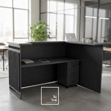 Francisco 180 x 130 cm L Model VIP Karşılama Bankosu Resepsiyon Danışma Masası Desk Para Kasası Ofis Mobilyaları Gri Krom Turuncu