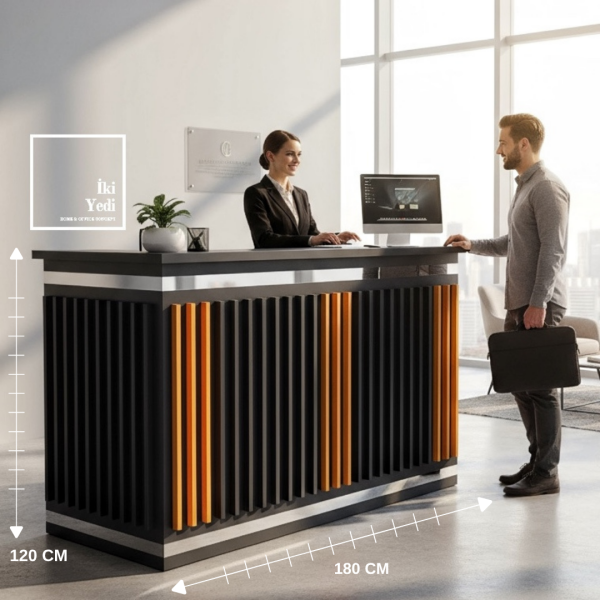 Francisco 180 x 130 cm L Model VIP Karşılama Bankosu Resepsiyon Danışma Masası Desk Para Kasası Ofis Mobilyaları Gri Krom Turuncu