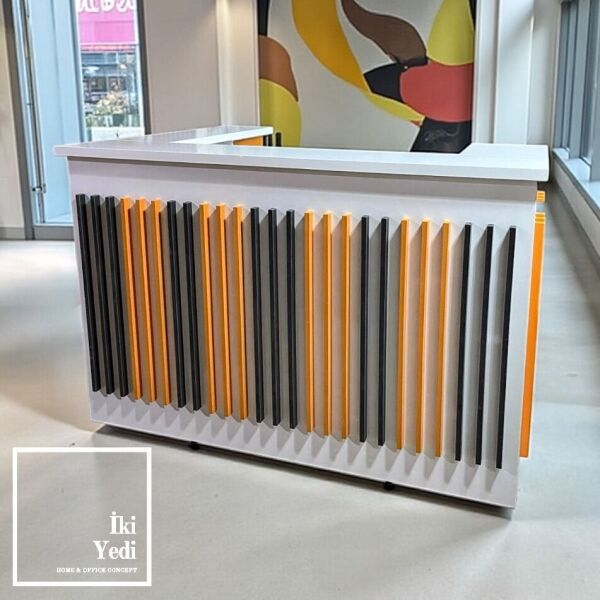 Francisco 180 x 130 cm L Model VIP Karşılama Bankosu Resepsiyon Danışma Masası Desk Para Kasası Ofis Mobilyaları Gri Krom Turuncu