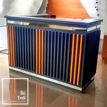 Francisco 180 x 130 cm L Model VIP Karşılama Bankosu Resepsiyon Danışma Masası Desk Para Kasası Ofis Mobilyaları Gri Krom Turuncu