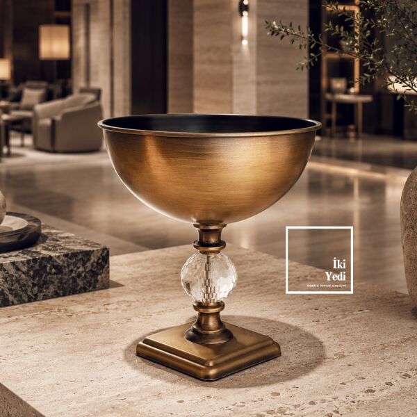 Auracrystal Kristal cam Detaylı Bronz Eskitme Metal Kase Ayaklı Sunumluk Meyvelik Şekerlik Obje