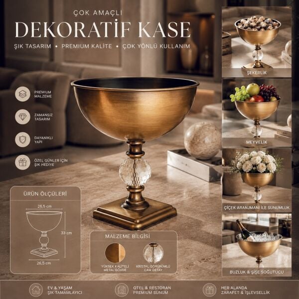 Auracrystal Kristal cam Detaylı Bronz Eskitme Metal Kase Ayaklı Sunumluk Meyvelik Şekerlik Obje