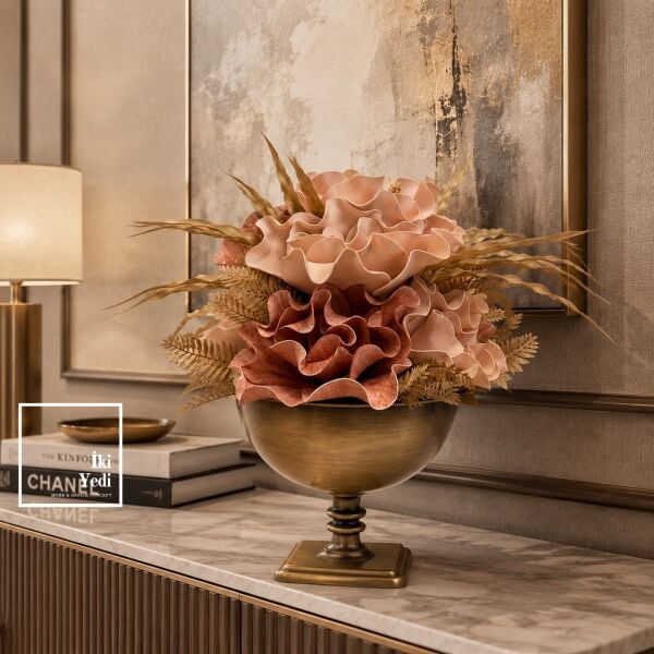Aurabotanic Bronz Eskitme Metal Vazo Kase Büyük Boy Ayaklı Çiçek Aranjman Kabı ve Salon Centerpiece