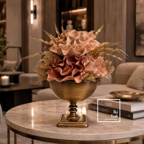 Aurabotanic Bronz Eskitme Metal Vazo Kase Büyük Boy Ayaklı Çiçek Aranjman Kabı ve Salon Centerpiece