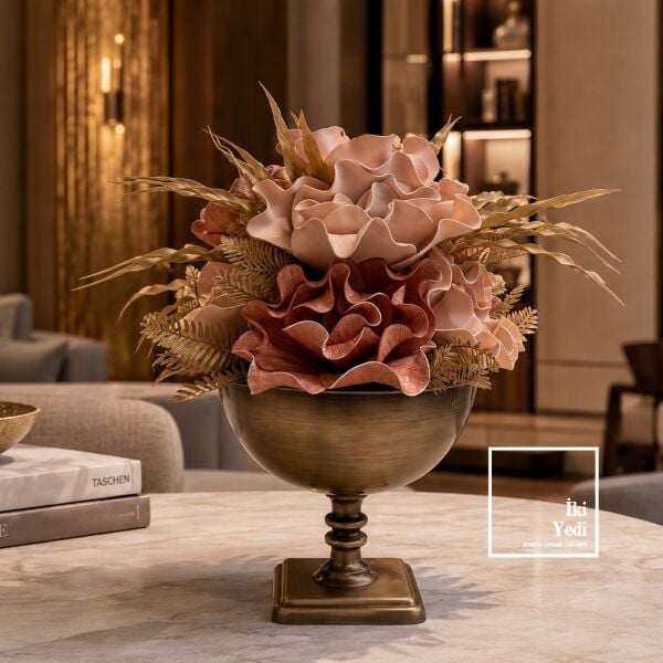 Aurabotanic Bronz Eskitme Metal Vazo Kase Büyük Boy Ayaklı Çiçek Aranjman Kabı ve Salon Centerpiece