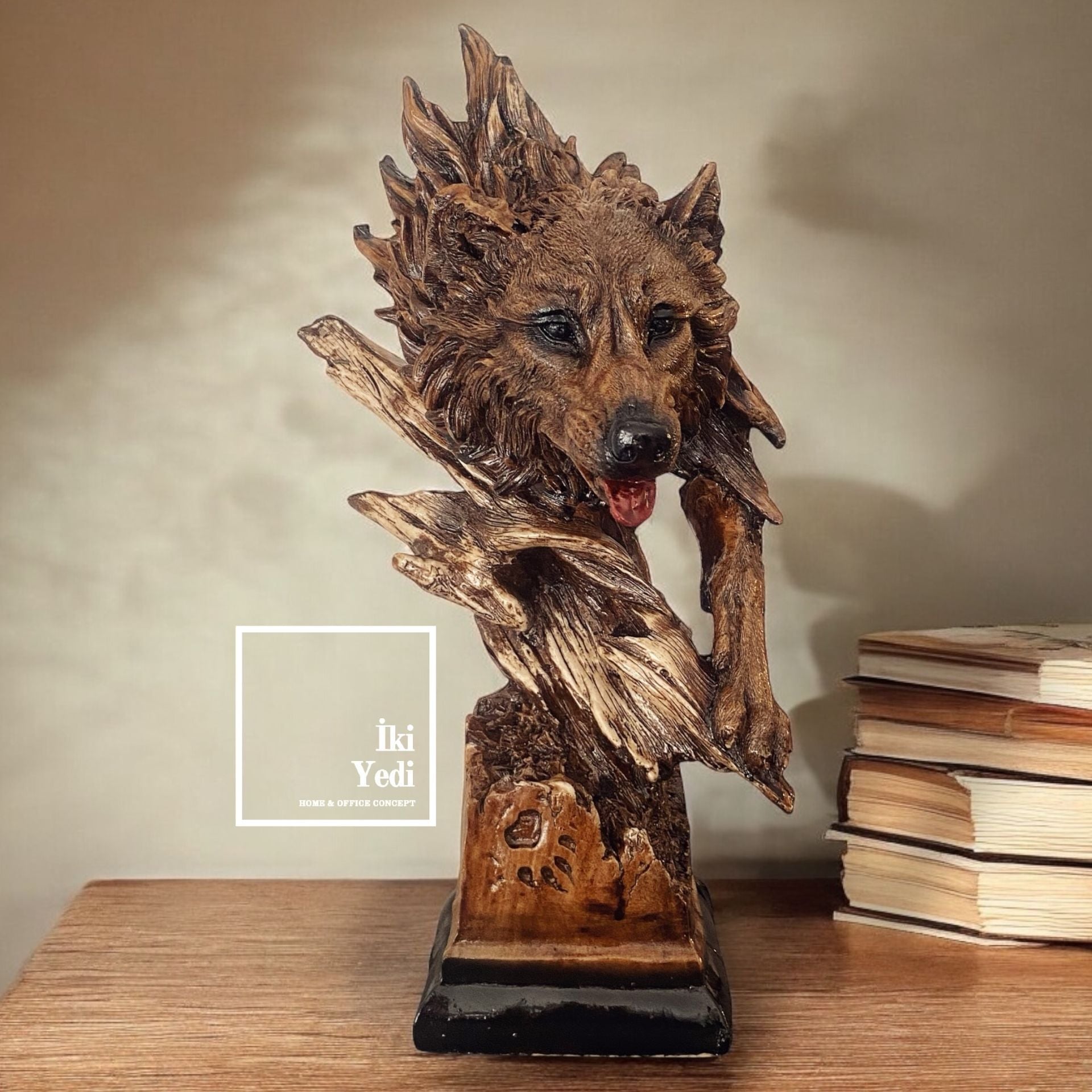 Gregor 77-1 Ahşap Görünümlü Büst Kurt Heykeli Hediyelik Dekoratif Objeler Ev Dekorasyonu Ofis Obje