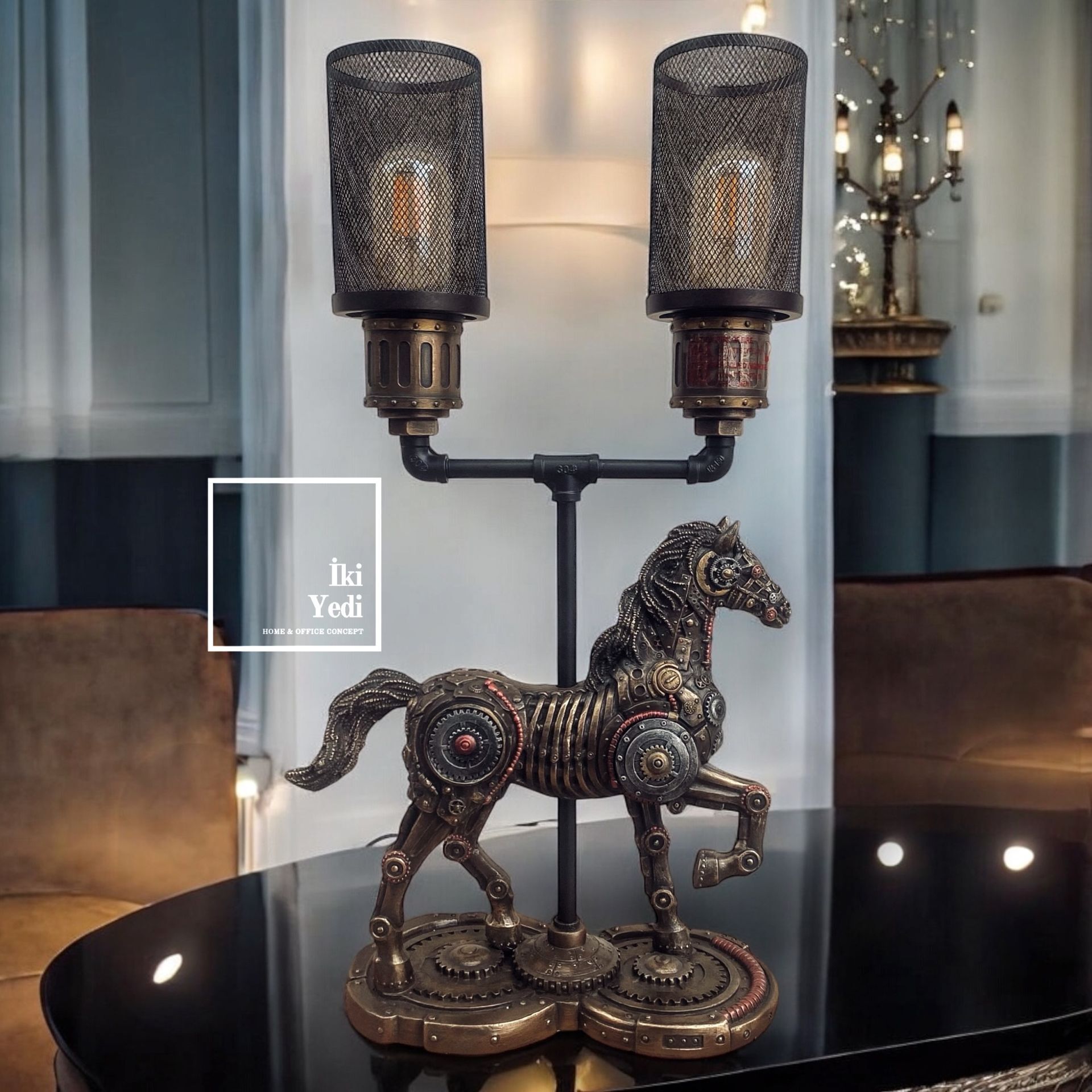 Veronese Steampunk At Figürlü Projektör Lamba, Masa Üstü Abajur, Lüks Ofis Ev Hediyelik Obje