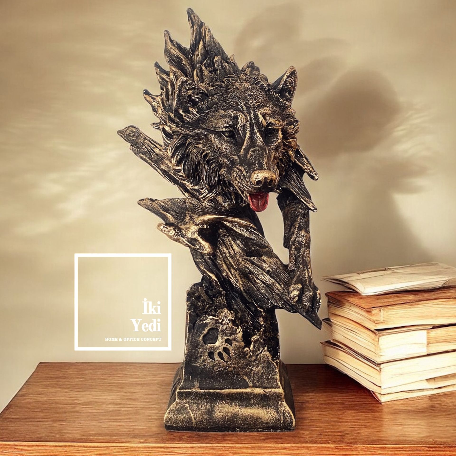 Gregor 77-2 Eskitme Görünümlü Büst Kurt Heykeli Hediyelik Dekoratif Objeler Ev Dekorasyonu Ofis