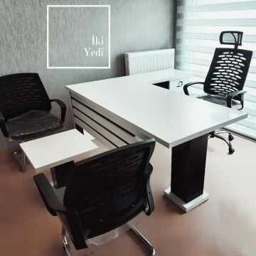 Hausser Modern Tasarım Yönetici Masası Takımı Beyaz Renk Ofis Mobilyası Makam Seti Büro Masası