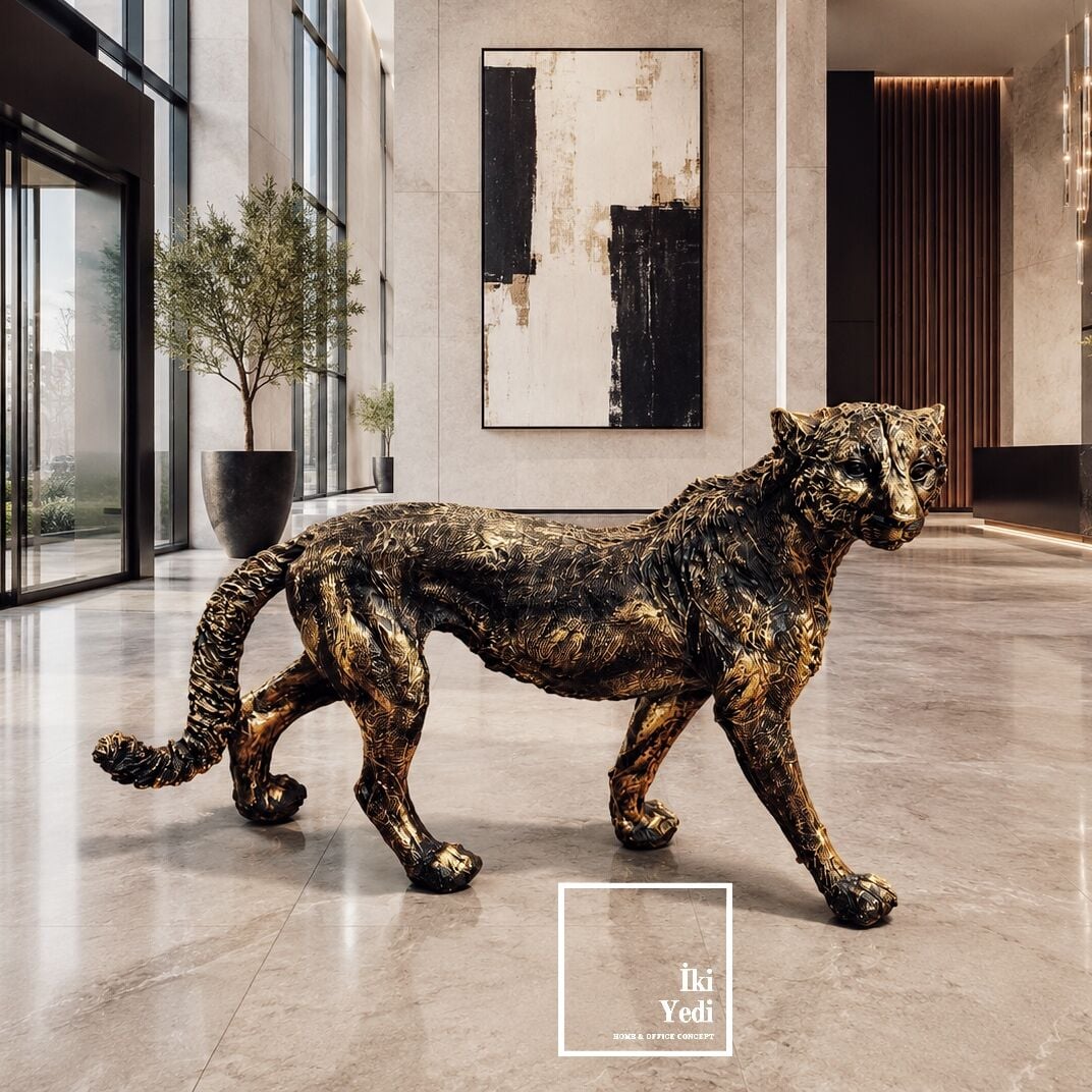 PARDUS 67 cm Büyük Boy Dekoratif Leopar Heykeli Lüks Salon Aksesuarı Eskitme Renkli Panter Objesi