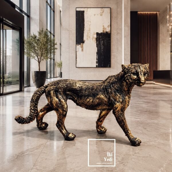PARDUS 67 cm Büyük Boy Dekoratif Leopar Heykeli Lüks Salon Aksesuarı Eskitme Renkli Panter Objesi