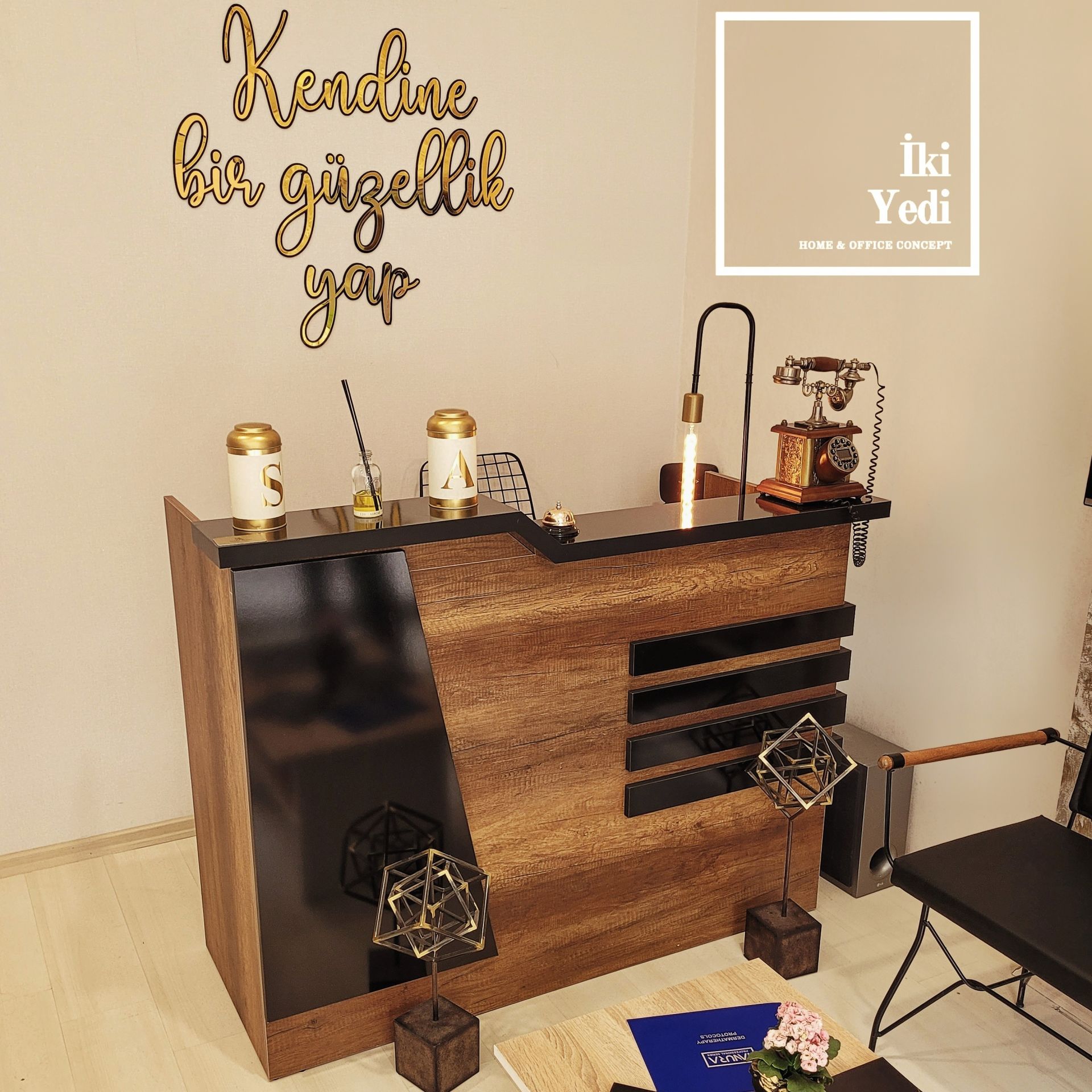 Prefet Ceviz & Siyah Karşılama Bankosu Para Kasası Desk Resepsiyon Danışma Cafe Güzellik Salonu Restoran Kuaför Hotel Okul Hastane