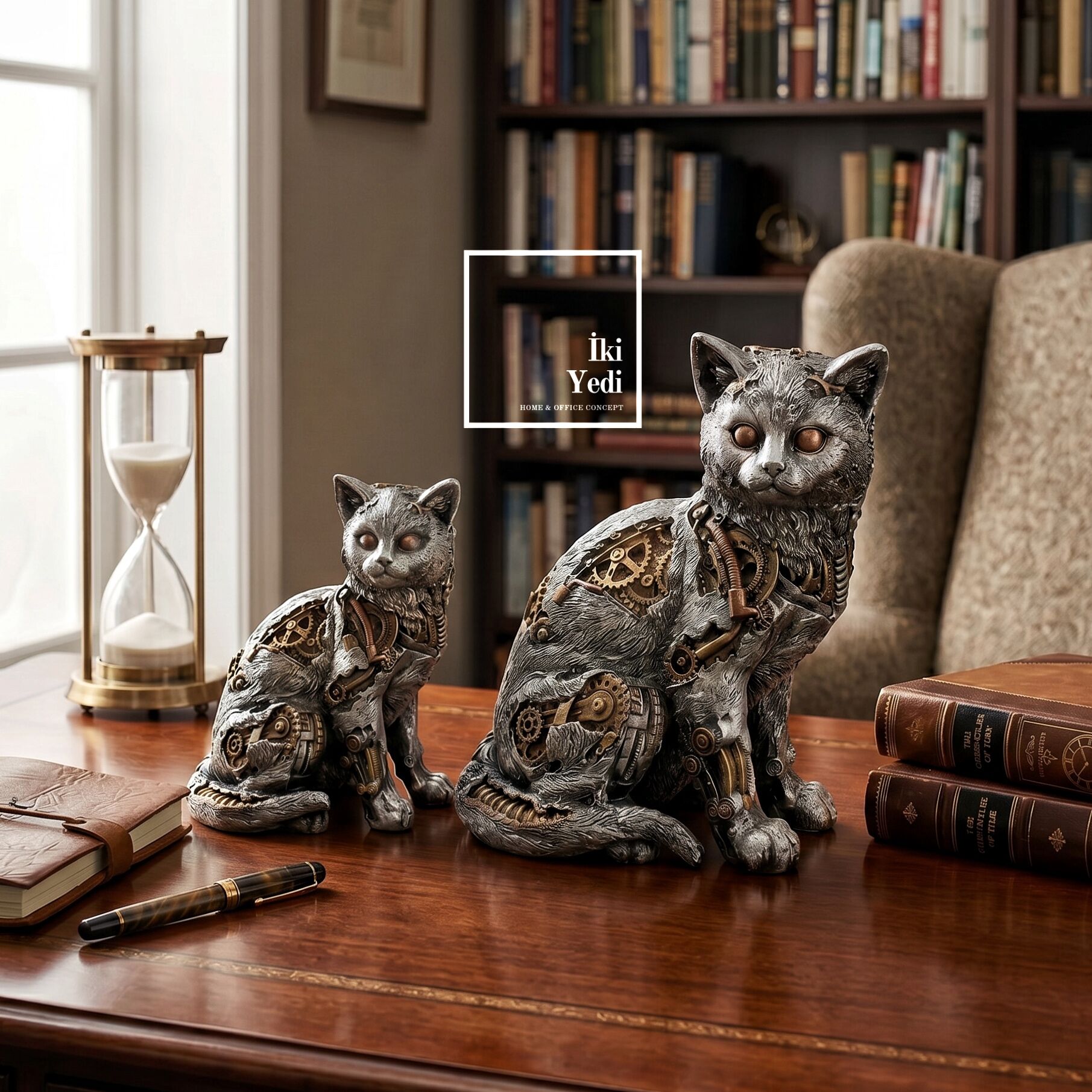 VAPOCAT 2'li Steampunk Dekoratif Mekanik Kedi Biblosu Çarklı Dişli Model Eskitme Ev Ofis Dekorları