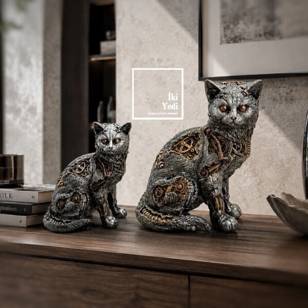 VAPOCAT 2'li Steampunk Dekoratif Mekanik Kedi Biblosu Çarklı Dişli Model Eskitme Ev Ofis Dekorları