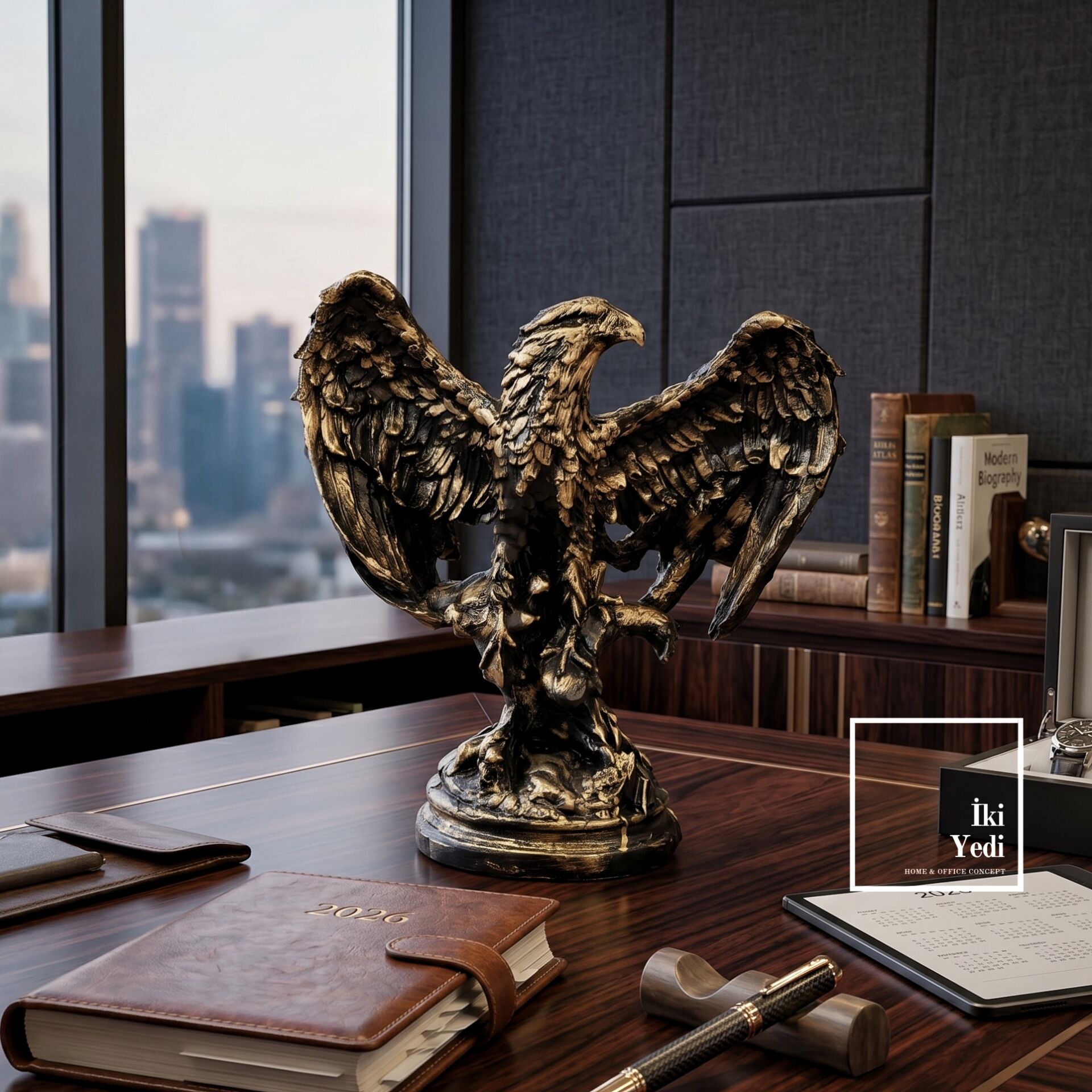Kreariu Gold Eskitme Dekoratif Kartal Heykeli Ofis Makam Objesi Patron Masası Aksesuarı Hediyelik