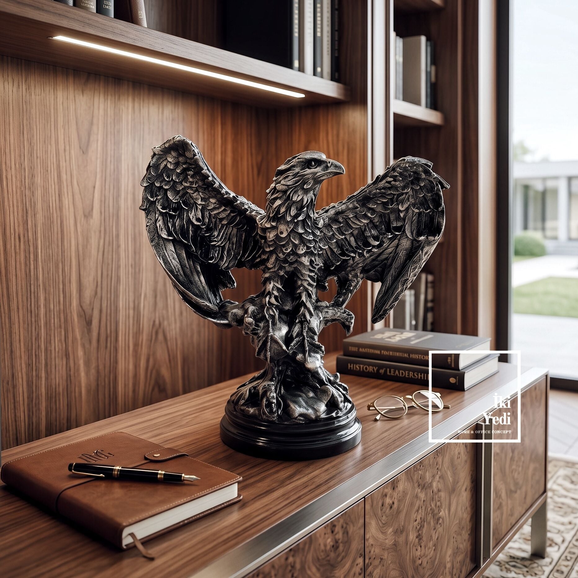Kreariu Gümüş Eskitme Modern Kartal Heykeli Ofis Kitaplık Objesi ve Salon Dekorasyonu Hediyelik