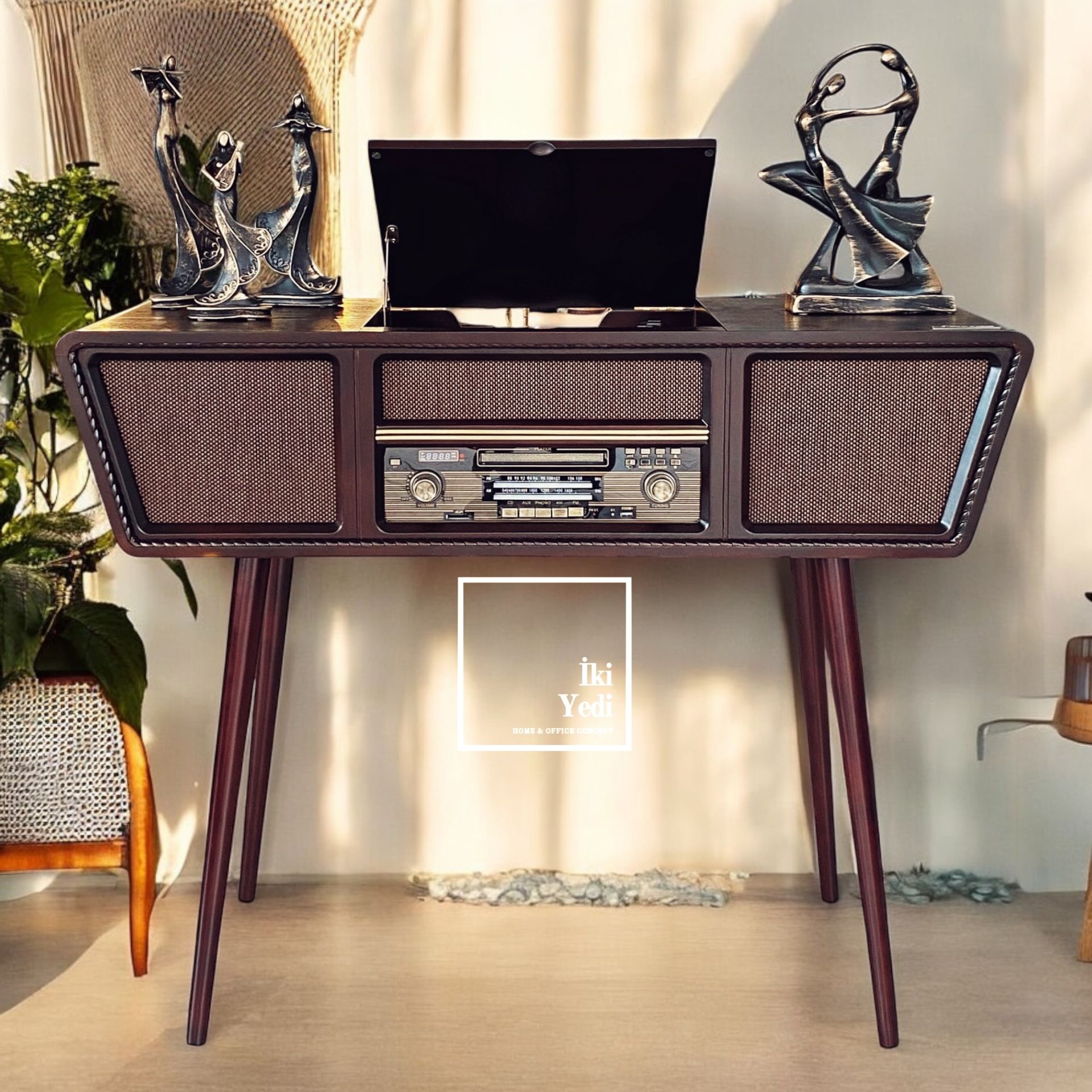 Crownwell C0999 Standlı Ayaklı Ahşap Gramofon Ceviz Pikap Plakçalar Müzik Antika Tasarım Nostaljik