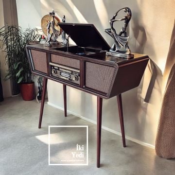 Crownwell C0999 Standlı Ayaklı Ahşap Gramofon Ceviz Pikap Plakçalar Müzik Antika Tasarım Nostaljik