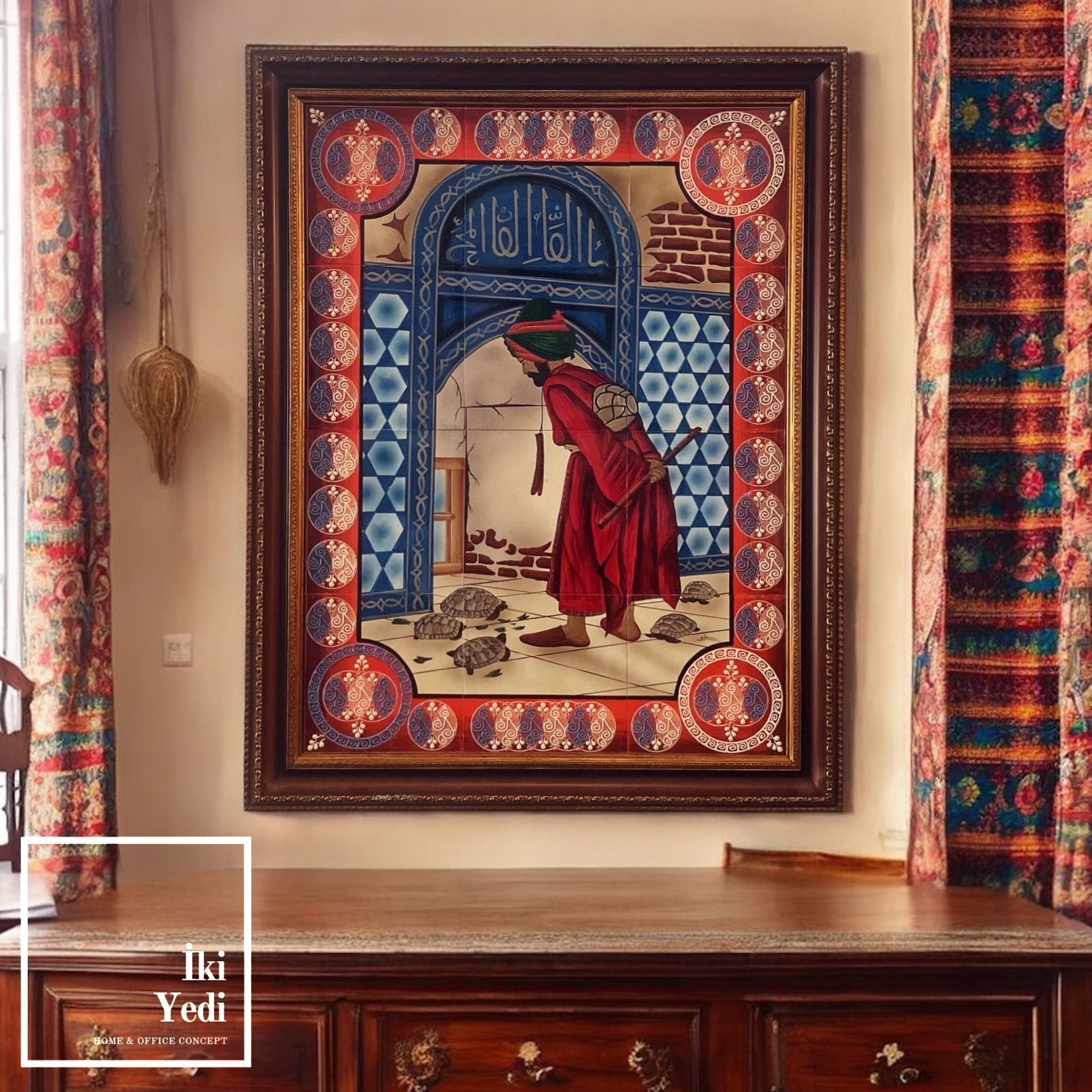 Kaplumbağa Terbiyecisi Tablosu Lüks Çini Sanatı 72 x 91 cm Büyük Çerçeveli Antik Tablo Lüks Duvar Dekorasyonu Ev Ofis Hediyesi