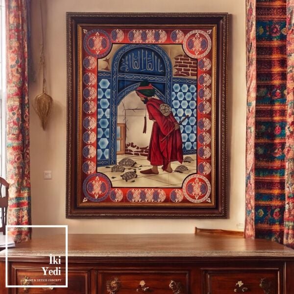 Kaplumbağa Terbiyecisi Tablosu Lüks Çini Sanatı 72 x 91 cm Büyük Çerçeveli Antik Tablo Lüks Duvar Dekorasyonu Ev Ofis Hediyesi