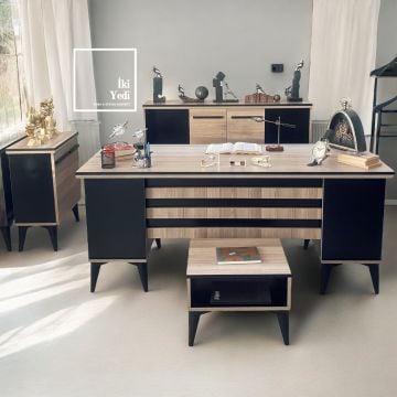 Nebraska 180 cm Ofis Mobilya Takımı Makam Odası Büro Mobilyaları Yönetici Çalışma Masası Seti Sandalyeli