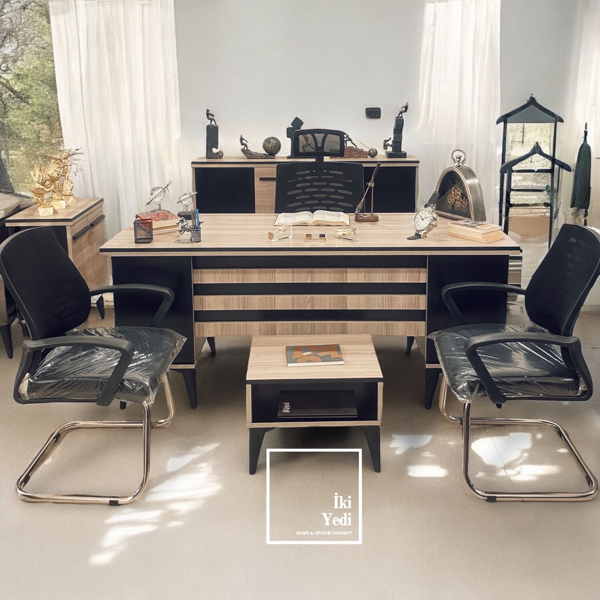 Nebraska 180 cm Ofis Mobilya Takımı Makam Odası Büro Mobilyaları Yönetici Çalışma Masası Seti Sandalyeli