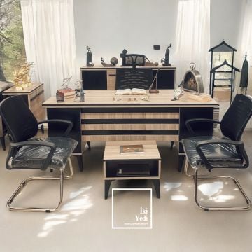 Nebraska 180 cm Ofis Mobilya Takımı Makam Odası Büro Mobilyaları Yönetici Çalışma Masası Seti Sandalyeli