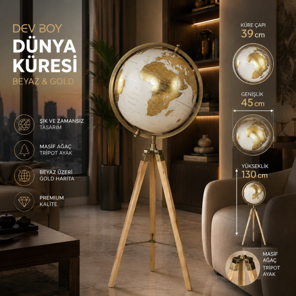 Astralogue Ahşap Tripod Ayaklı Büyük Dünya Küresi 130 cm Dev Boy Beyaz Gold Lüks Ofis Hediyesi Deko
