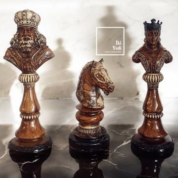 Şah Vezir At Dekoratif Obje Seti 3'lü Dekor Ev Dekorasyonu Hediyelik Ofis Hediyesi Ahşap Görünüm