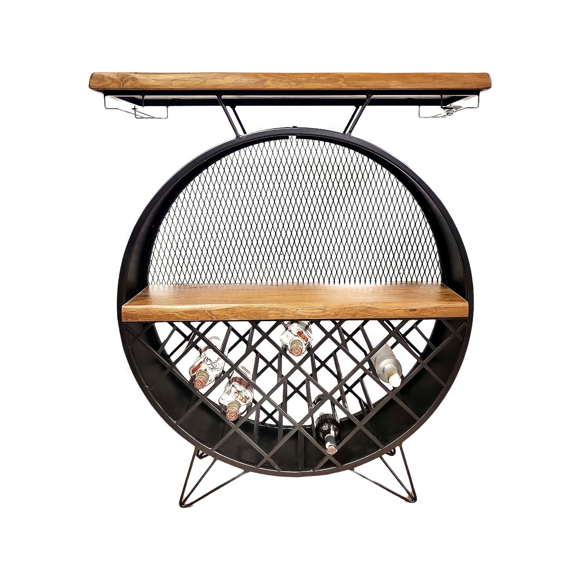 Timothy Endüstriyel Tasarım Büyük Metal Şaraplık Ahşap Raflı Yuvarlark Demir Şarap İçki Dolabı