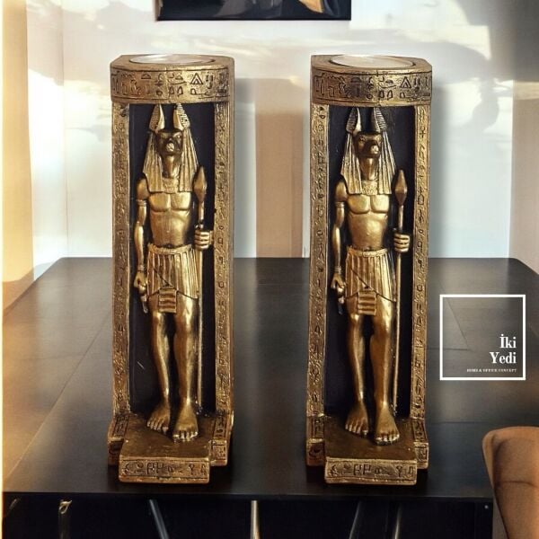 Anubis Figürlü 2'li Mumluk Şamdan, Antik Mısır Temalı Dekoratif Obje, Ev Ofis Hediyelik Eşya