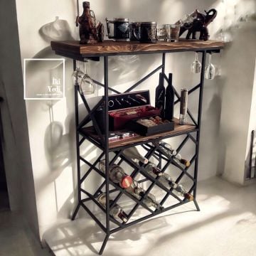 Bagnos 10 Şişe Bölmeli Kadeh Asmalı Siyah Metal Masif Ağaç Şaraplık Dolap İçki Kabini Bar Masası Bistro Endüstriyel Mobilyalar