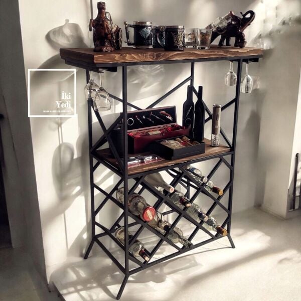 Bagnos 12 Şişe Bölmeli Kadeh Asmalı Siyah Metal Masif Ağaç Şaraplık Dolap İçki Kabini Bar Masası Bistro Endüstriyel Mobilyalar
