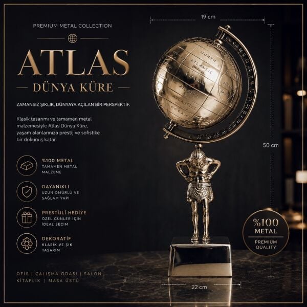 Metal Atlas Dünya Küresi 50 cm Yerküre, Ofis Ev Dekoratif Hediyelik Masa Üstü Aksesuar Lüks Dekor