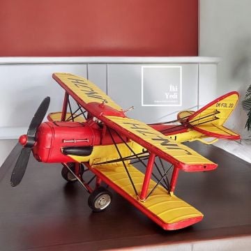 0K-F0L-20 Sarı Kırmızı Metal Uçak Maketi, Dekoratif Havacılık Objesi, Ev Ofis Hediyelik Eşya