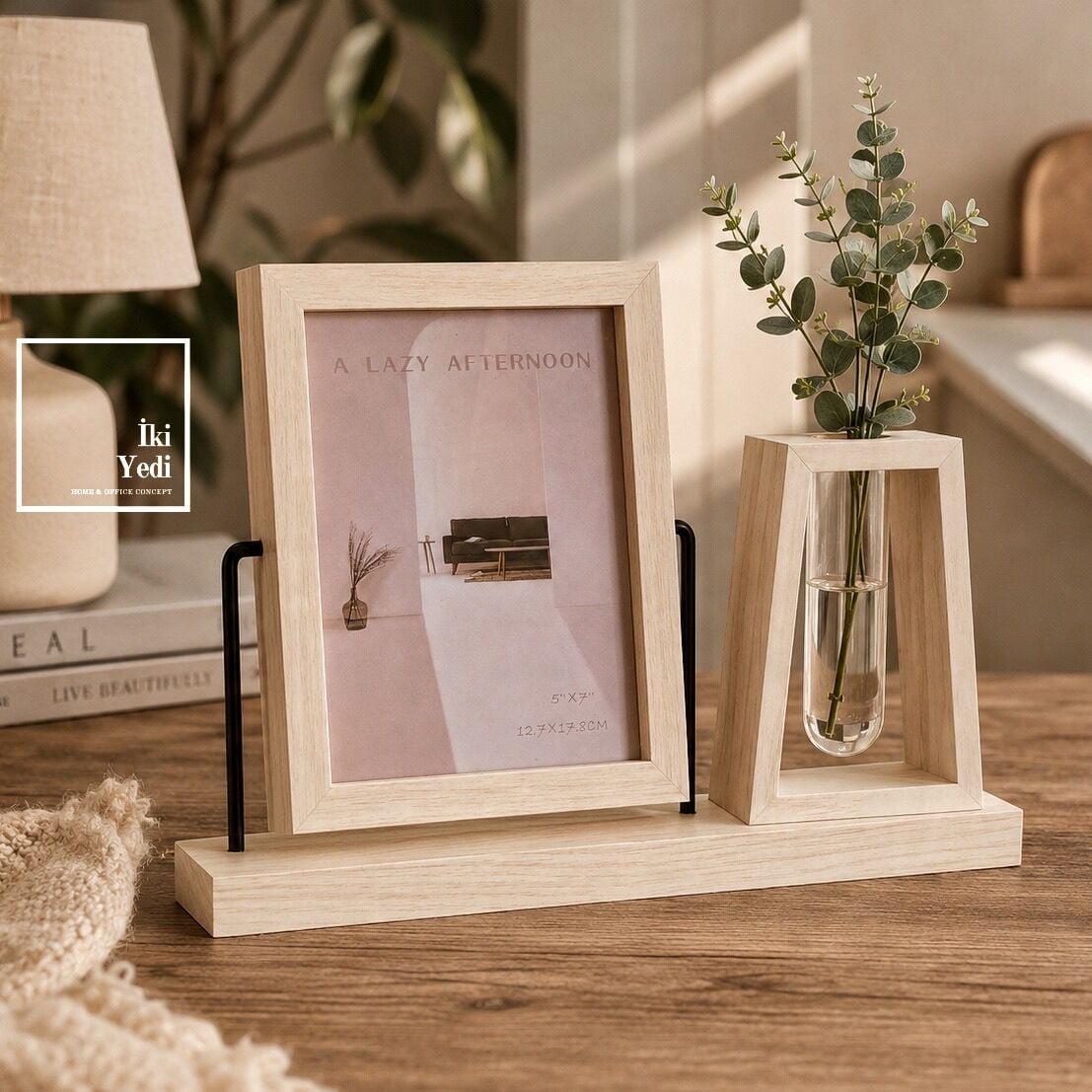 Zemnos Zamanın Sinerjisi Minimalist Ahşap Fotoğraf Çerçevesi Mini Çiçeklik Cam Tüp Standı Hediyelik