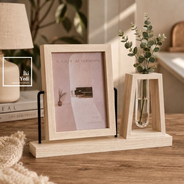 Zemnos Zamanın Sinerjisi Minimalist Ahşap Fotoğraf Çerçevesi Mini Çiçeklik Cam Tüp Standı Hediyelik