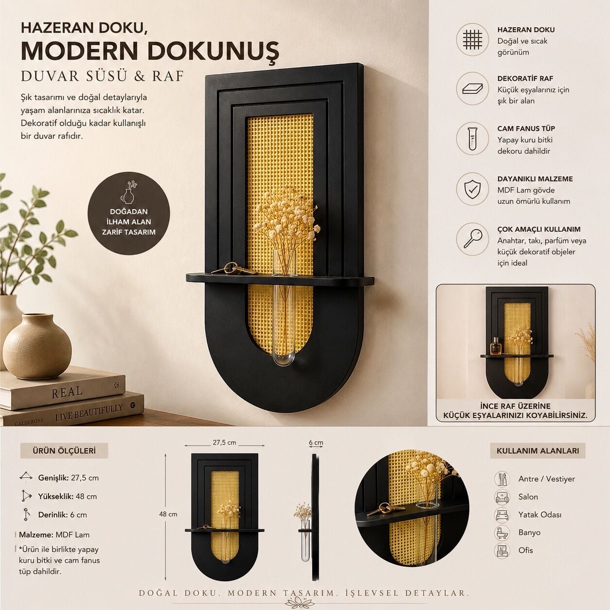 Hazerium Hazeran Duvar Süsü ve Dekoratif Raf Siyah Ahşap Duvar Panosu Cam Fanuslu Mini Vazolu Dekor