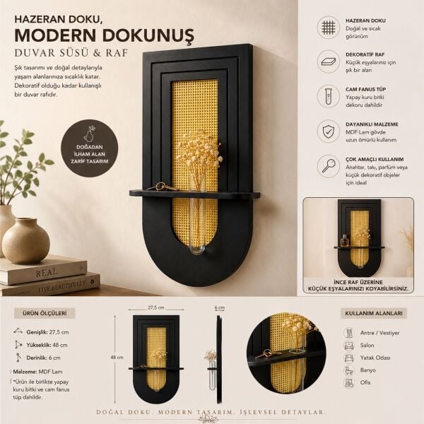 Hazerium Hazeran Duvar Süsü ve Dekoratif Raf Siyah Ahşap Duvar Panosu Cam Fanuslu Mini Vazolu Dekor