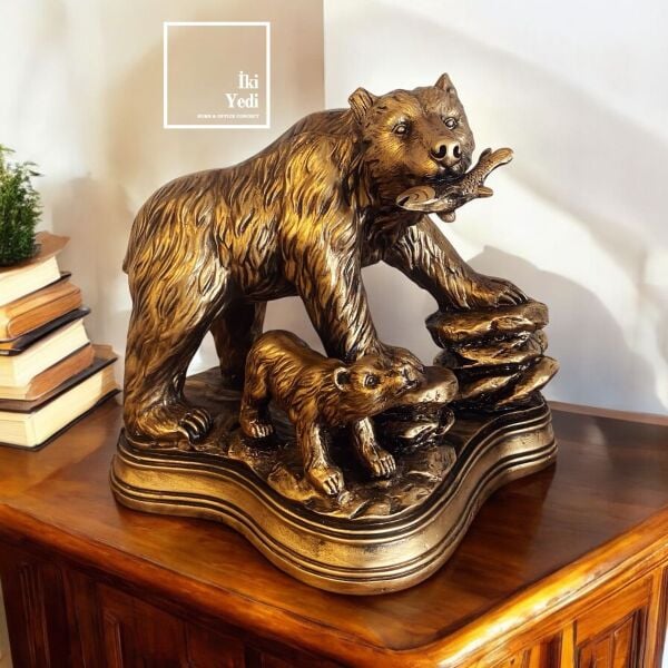 Bernat Balık Yakalayan Yavrulu Ayı Heykeli Ev Dekorasyonu Hediyelik Objeler Aile Tema Ofis Hediyesi