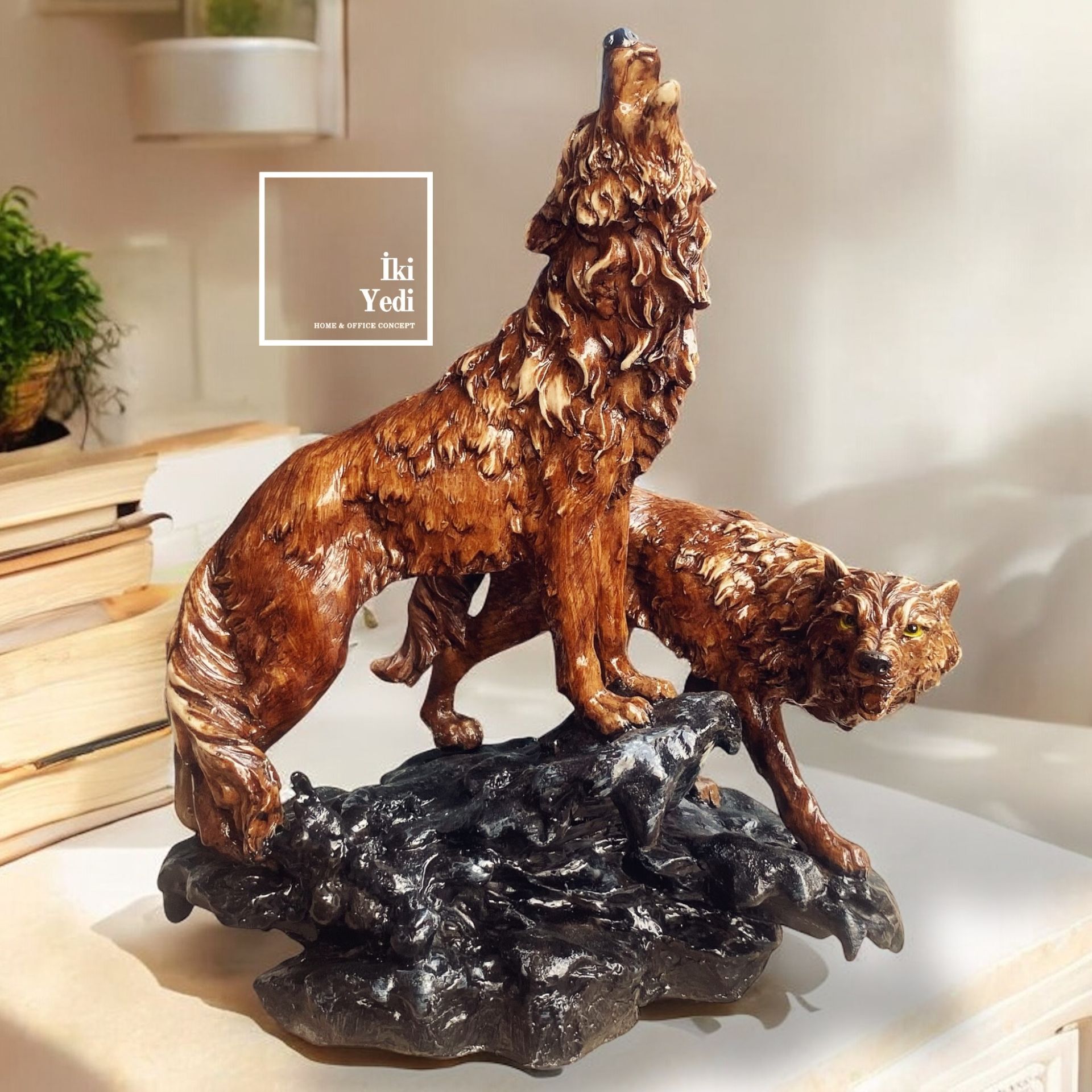 Pau İkili Uluyan Kurt Heykeli Ahşap Görünüm Vahşi Doğa Tema Ofis Hediyesi Ev Dekorasyonu Dekoratif