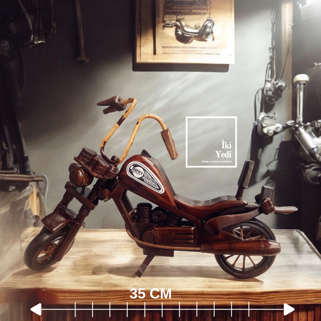 Harley Davidson 35 cm Ahşap Motosiklet Maketi Dekoratif Obje Ev Ofis Hediyesi Vintage Figür Ceviz