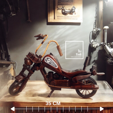 Harley Davidson 35 cm Ahşap Motosiklet Maketi Dekoratif Obje Ev Ofis Hediyesi Vintage Figür Ceviz