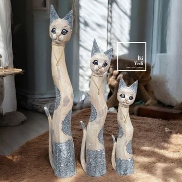 Tizzy 100 cm 3’lü Ahşap Kedi Dekoru Takımı – Otantik El Yapımı Kedi Figürleri, Ev ve Ofis Hediyesi