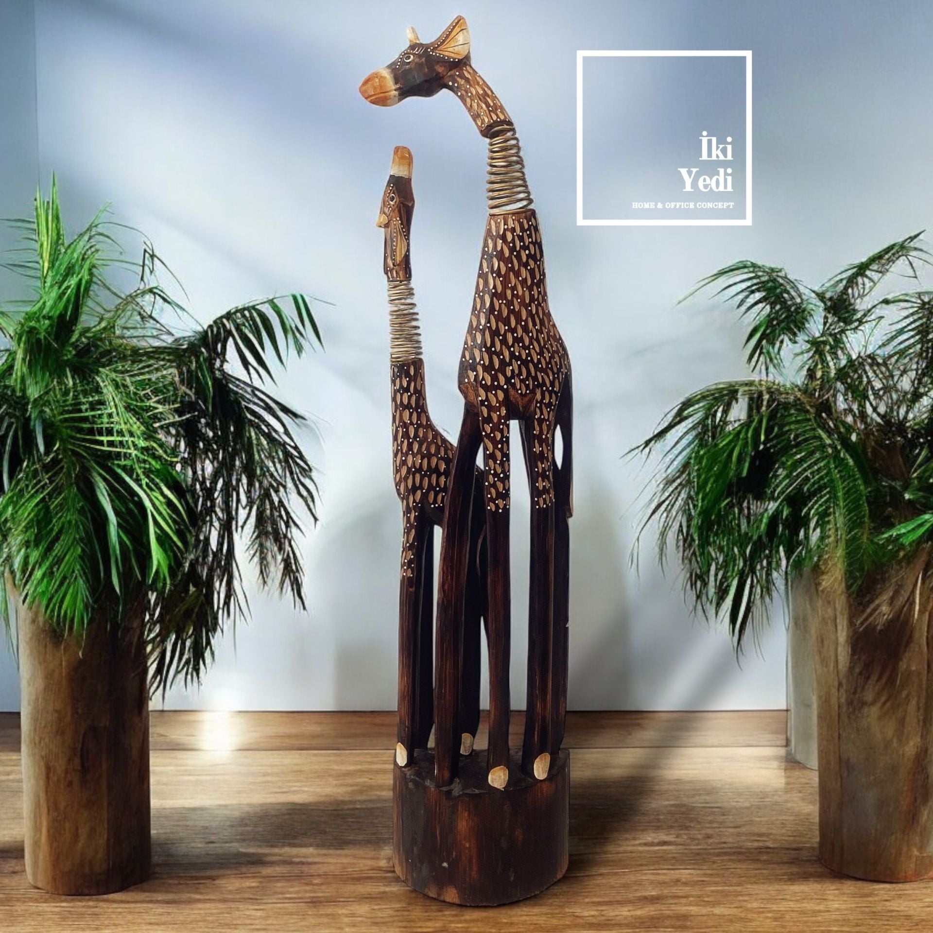 Giraffes Ahşap Yaylı Kafa 95 cm 2'li Zürafa Heykeli Büyük Dekoratif Objeler Otantik Hediyelik Eşya