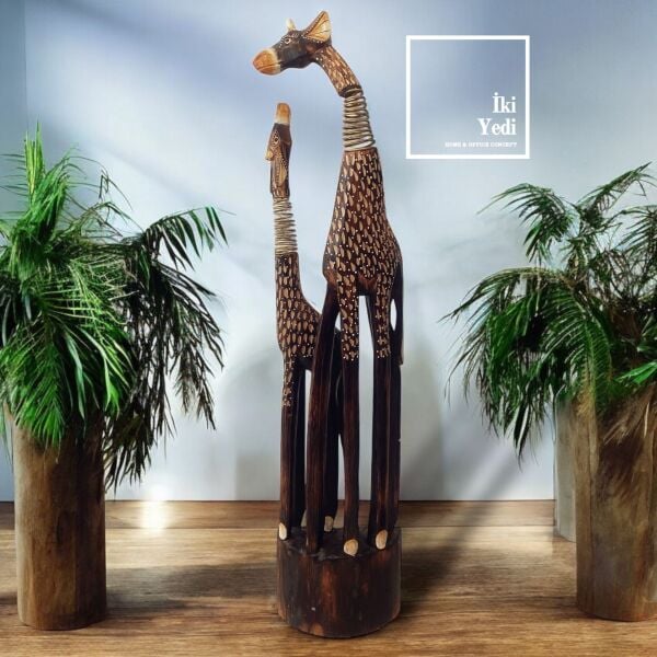 Giraffes Ahşap Yaylı Kafa 95 cm 2'li Zürafa Heykeli Büyük Dekoratif Objeler Otantik Hediyelik Eşya