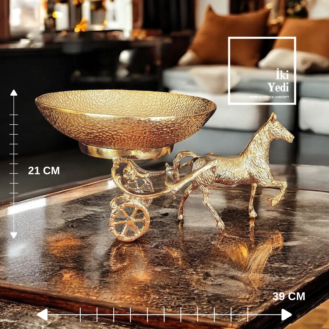 Hugo At Figürlü Gold Dekoratif Sunum Kasesi Şık At Arabası Tasarımı Sofralar ve Dekor İçin Ofis Ev