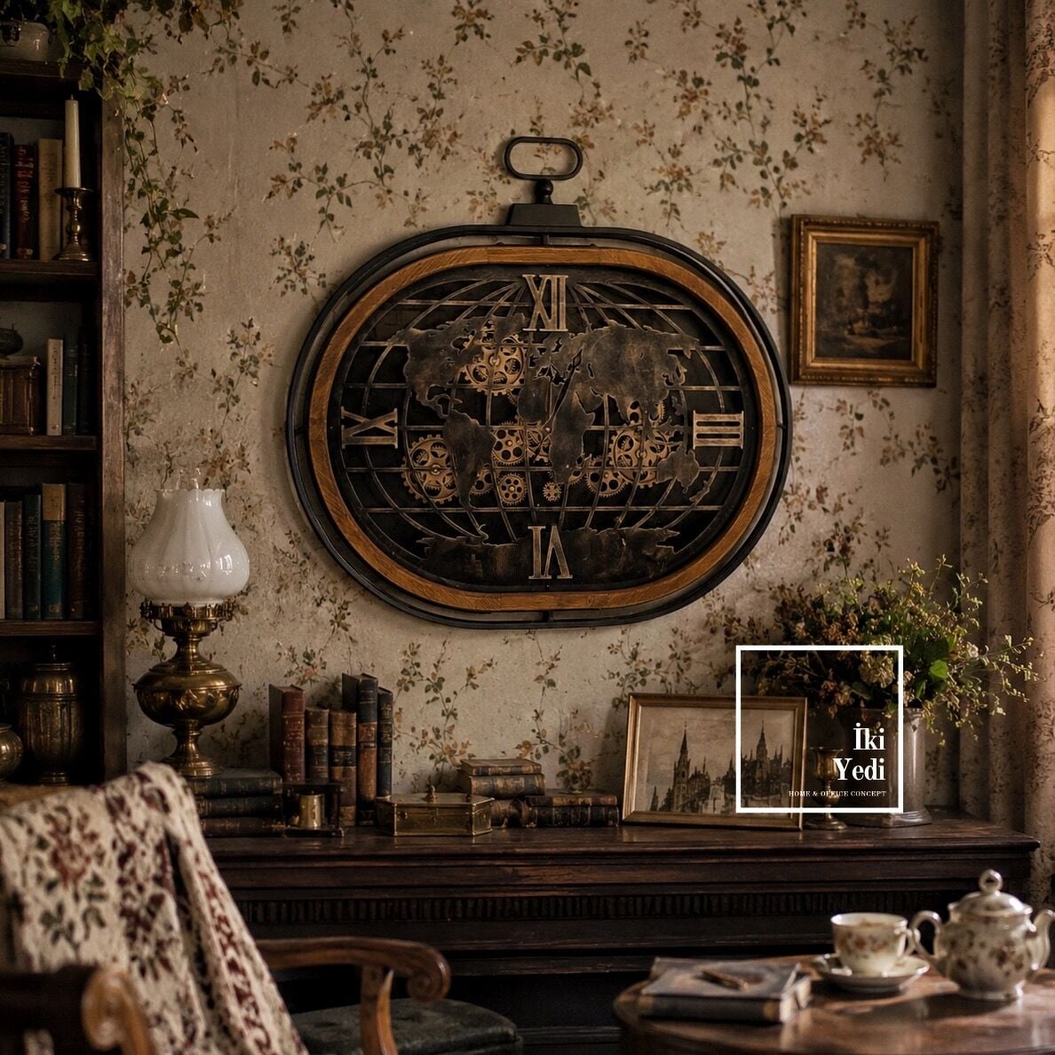 Doncaster 86 cm Ayaklı Çarklı Saat Ahşap Metal Dünya Haritalı Mekanik Saat Duvar Dekorasyon Ofis Ev